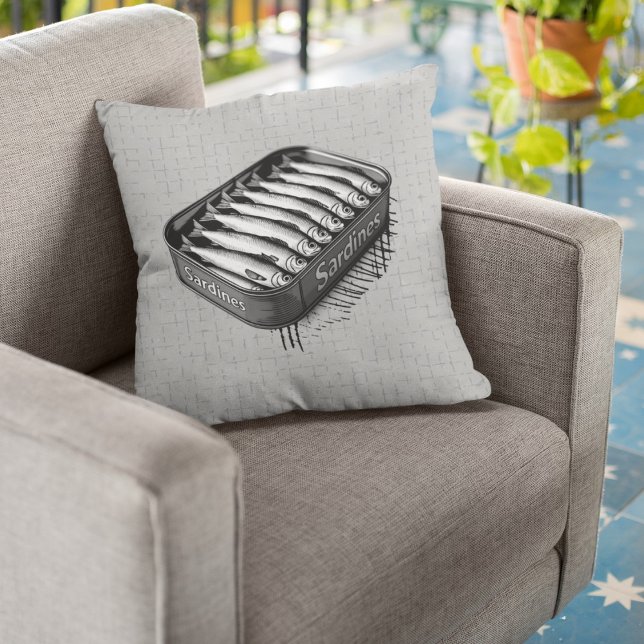 Grey Retro Style Sardine Art Funny Fish Food   Cushion (Creator Uploaded)