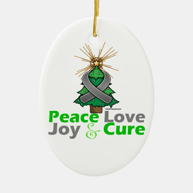 Grey Ribbon Christmas Peace Love, Joy & Cure Ceramic Ornament (Front)