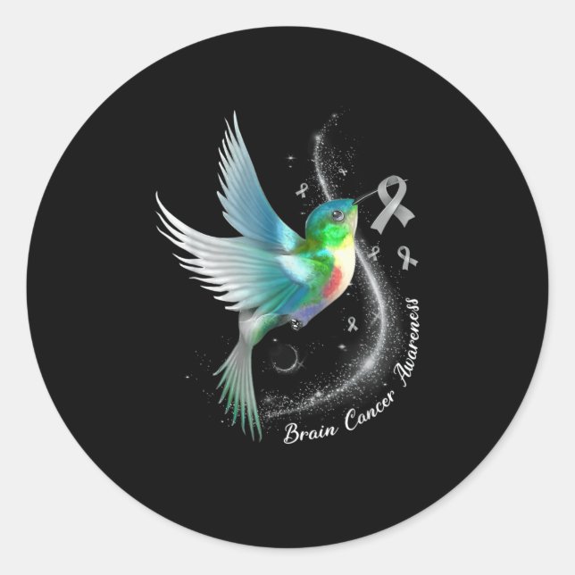 Grey Ribbon Hummingbird Brain Cancer Awareness Mon Classic Round Sticker (Front)
