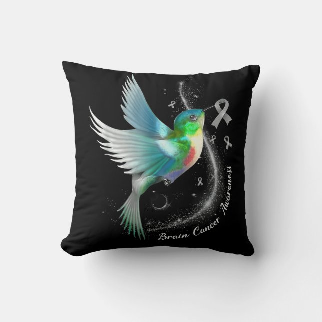 Grey Ribbon Hummingbird Brain Cancer Awareness Mon Cushion (Front)