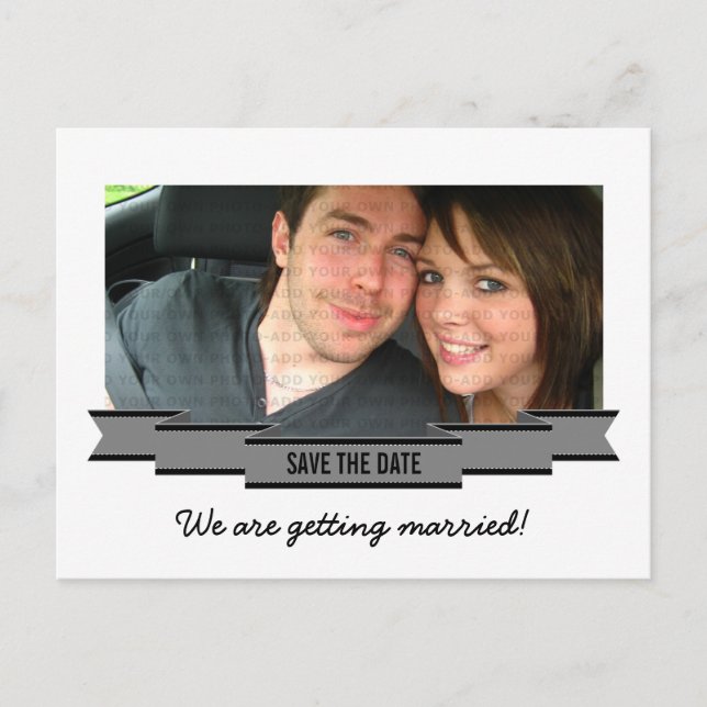Grey Ribbon Photo Save the Date Postcard (Front)