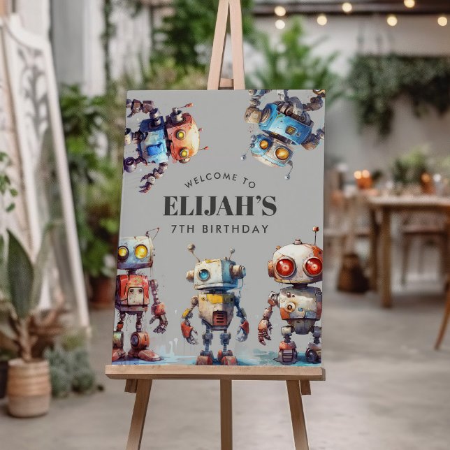 Grey Robots Tech Gear Builder Birthday Party Sign (Creator Uploaded)