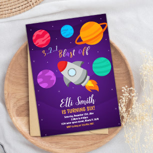 Grey Rocket Blast Off Birthday Invitation