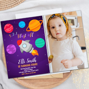 Grey Rocket Blast Off Birthday Invitations w photo