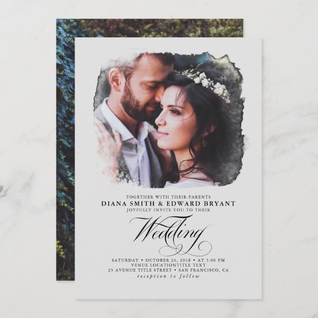 Grey Romantic Modern Elegant Two Photos Wedding Invitation (Front/Back)