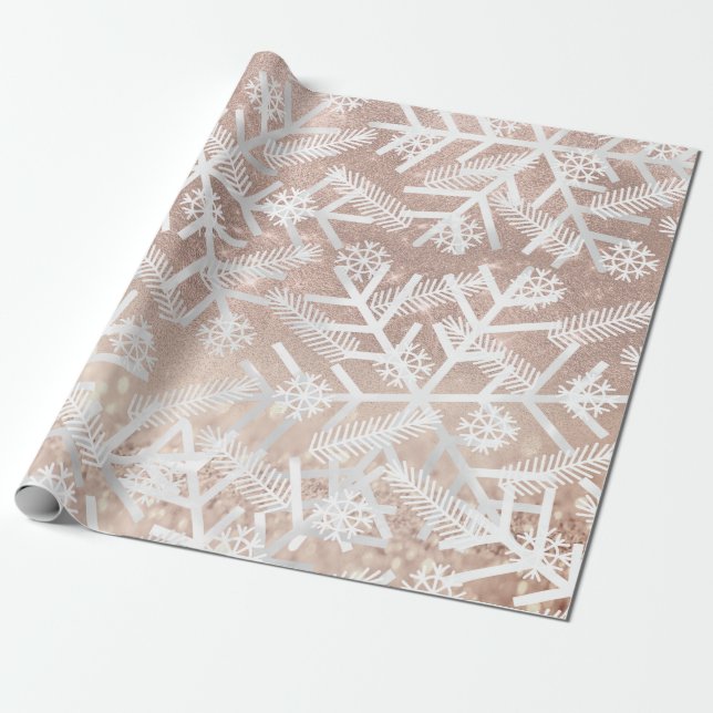 Grey Rose Glitter Christmas Holiday Snowflake Joy Wrapping Paper (Unrolled)