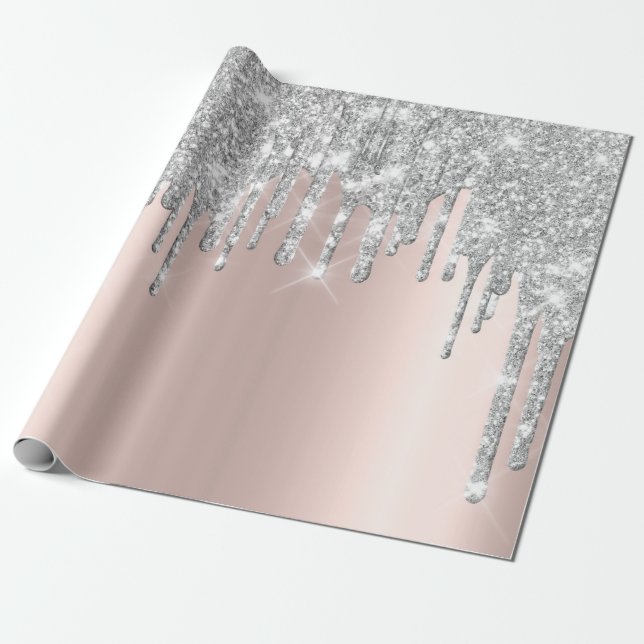 Grey Rose Gold Blush Spark Powder Drips Glitter Wrapping Paper (Unrolled)