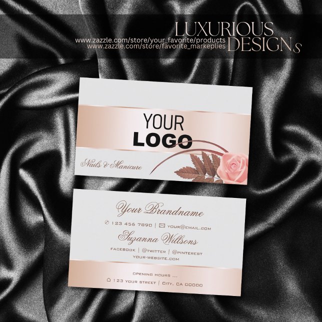 Grey Rose Gold Decor and Cute Flower with Logo Business Card (Creator Uploaded)