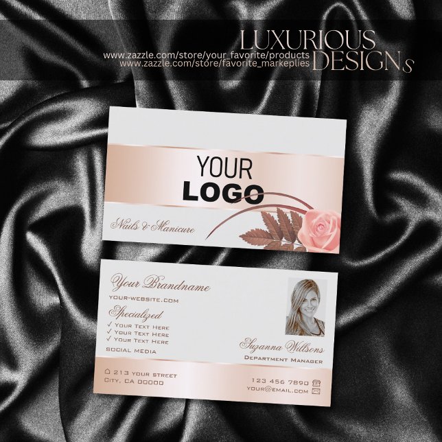 Grey Rose Gold Decor Cute Flower with Logo Photo Business Card (Creator Uploaded)