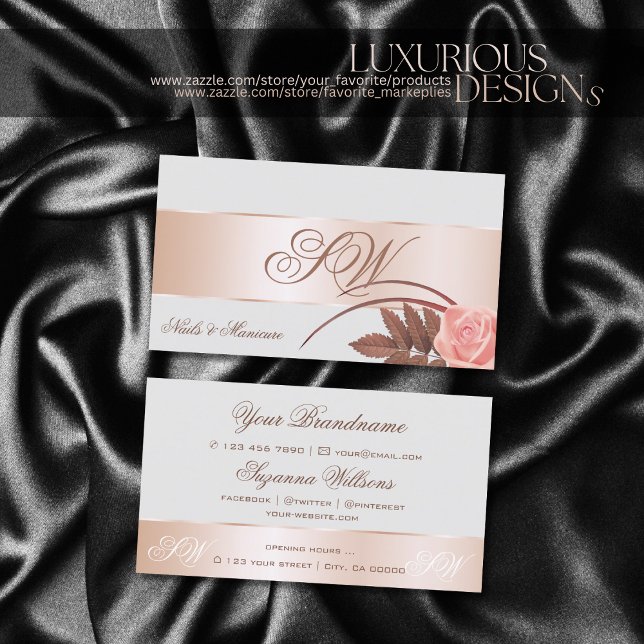 Grey Rose Gold Decor Cute Flower with Monogram Business Card (Creator Uploaded)