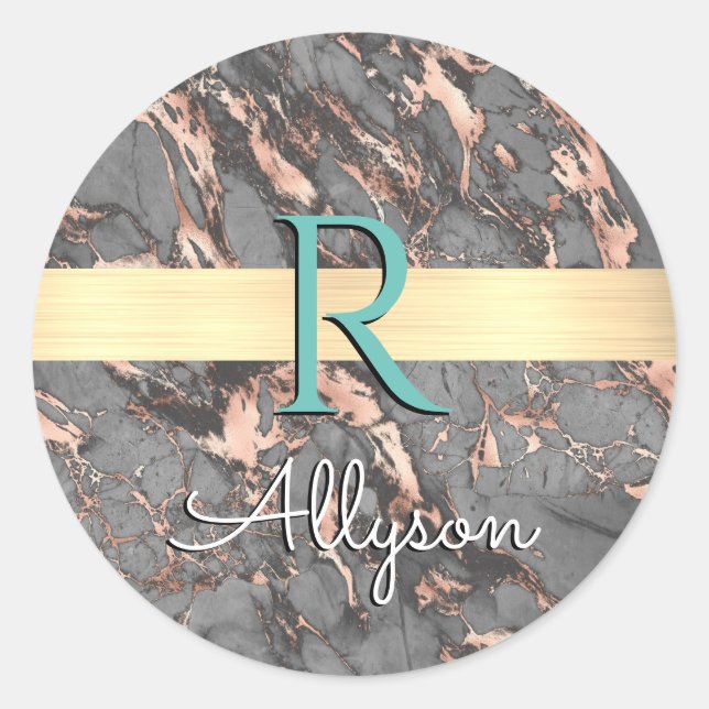 Grey & Rose Gold Marble, Gold Bar, Name & Monogram Classic Round Sticker (Front)