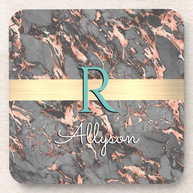 Grey & Rose Gold Marble, Gold Bar, Name & Monogram Coaster (Front)