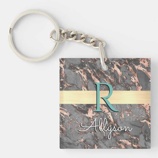 Grey & Rose Gold Marble, Gold Bar, Name & Monogram Key Ring (Front)