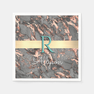 Grey & Rose Gold Marble, Gold Bar, Name & Monogram Napkin