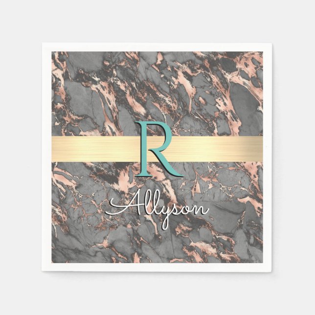 Grey & Rose Gold Marble, Gold Bar, Name & Monogram Napkin (Front)