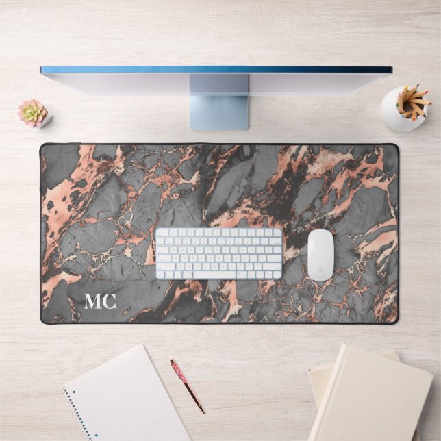 Grey Rose Gold Marble & Monogram Desk Mat (Office 1)