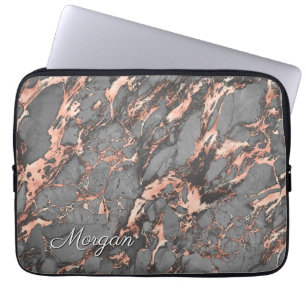 Grey Rose Gold Marble, Name or Monogram Laptop Sleeve