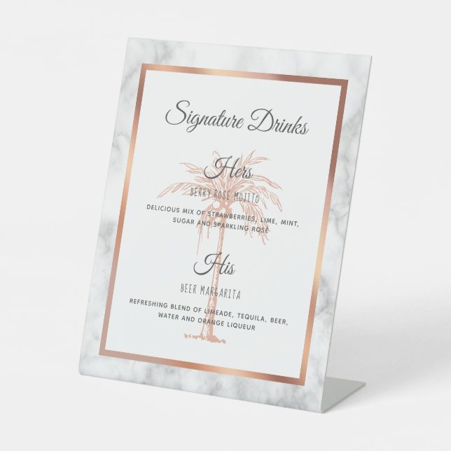 Grey Rose Gold Palm Tree Wedding Signature Drinks Pedestal Sign (Front)