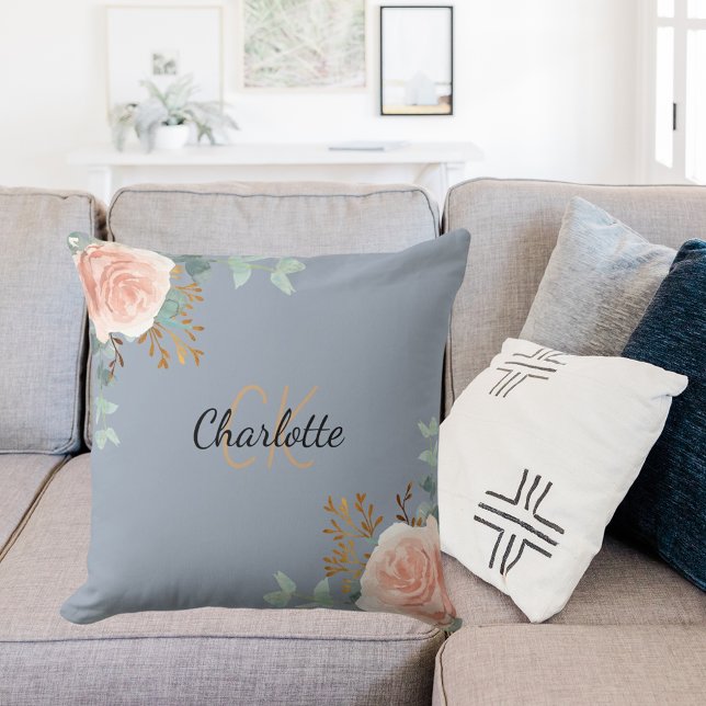 Grey rose gold pink floral monogram name cushion (Creator Uploaded)