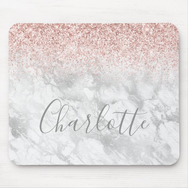 Grey Rose Gold Silver Glitter Marble Name Mouse Pad (Front)
