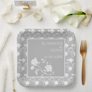 Grey Rose Wedding Shower Paper Plates