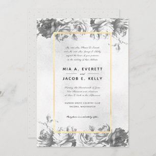 Grey Roses Gold Frame Wedding Invitation