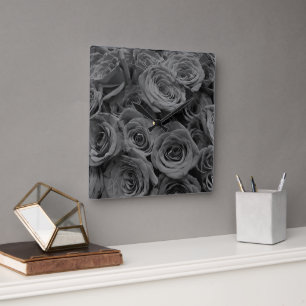 Grey roses, grey floral photo square wall clock