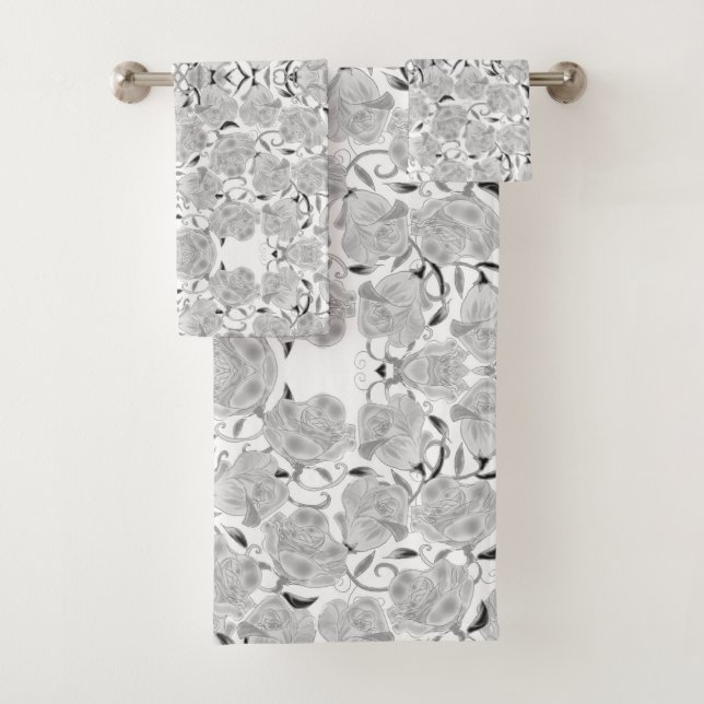 Grey Roses on White Bath Towel Set (Insitu)