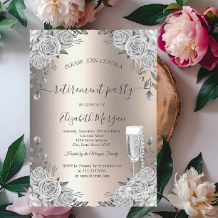Grey Roses Prosecco Pearls Ivory Retirement Invitation