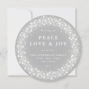 Grey Round Sparkling Lights Peace Love + Joy Holiday Card