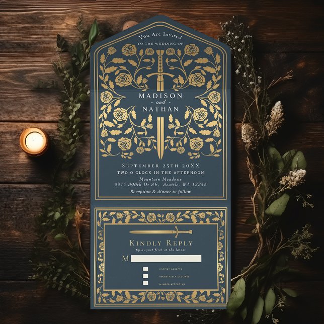 Grey Royal Mediaeval Fantasy Sword Wedding All In One Invitation (Creator Uploaded)