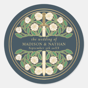 Grey Royal Mediaeval Floral Sword Wedding Classic Round Sticker