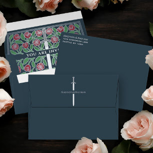 Grey Royal Mediaeval Silver Floral Sword Wedding Envelope