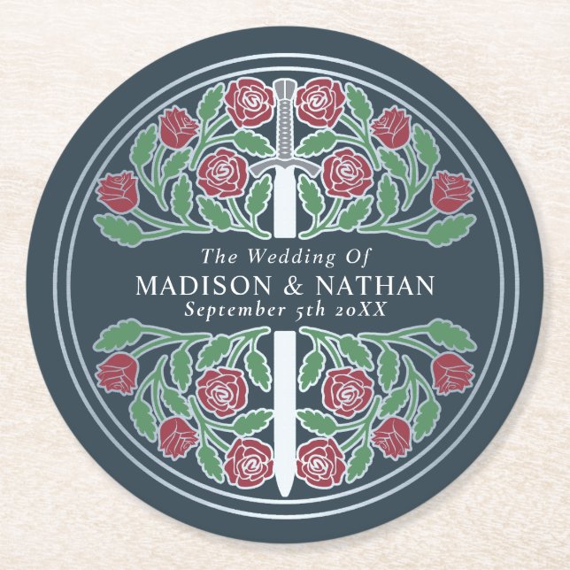 Grey Royal Mediaeval Silver Sword Wedding Round Paper Coaster (Front)