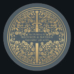 Grey Royal Mediaeval Sword Wedding Classic Round Sticker<br><div class="desc">Celebrate your special day with this Royal Mediaeval Sword Wedding design. The design on the back of the invite is NOT real gold foil. You can customise this further by clicking on the "PERSONALIZE" button.</div>