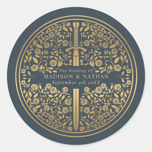 Grey Royal Mediaeval Sword Wedding Classic Round Sticker (Front)