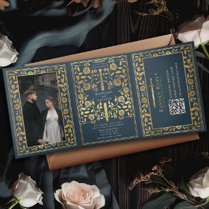 Grey Royal Mediaeval Sword Wedding QR Code Tri-Fold Invitation