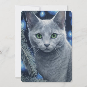 Grey Russian Blue Cat Christmas or Hanukkah Holiday Card