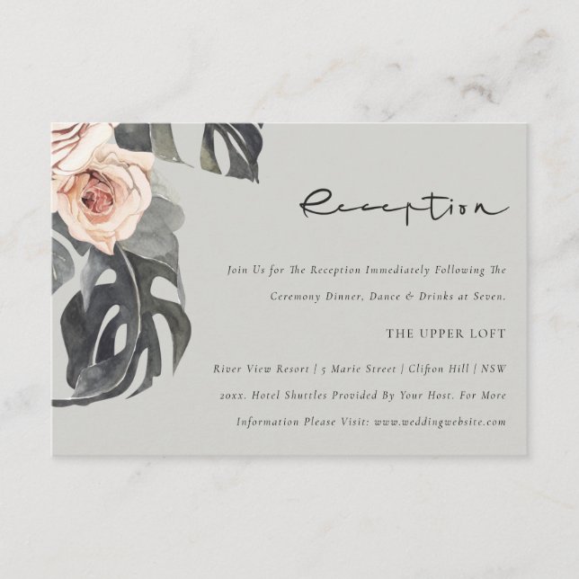 GREY RUST FLORAL MONSTRERA WEDDING RECEPTION ENCLOSURE CARD (Front)