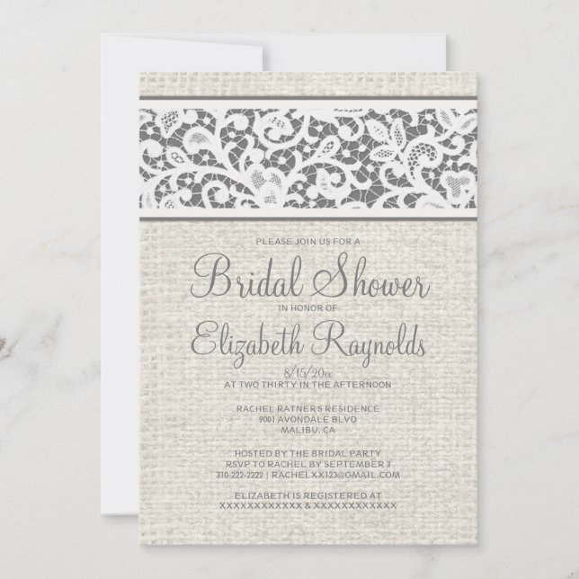 Grey Rustic Burlap Linen Bridal Shower Invitations (Front)