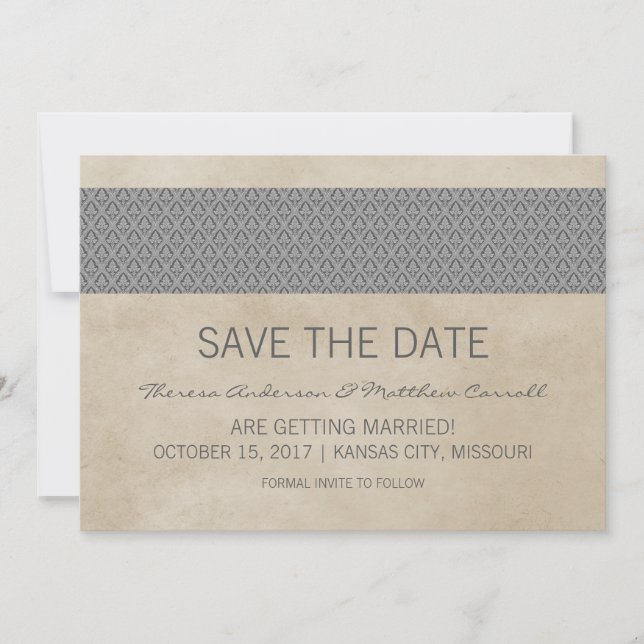 Grey Rustic Damask Save the Date Invite (Front)