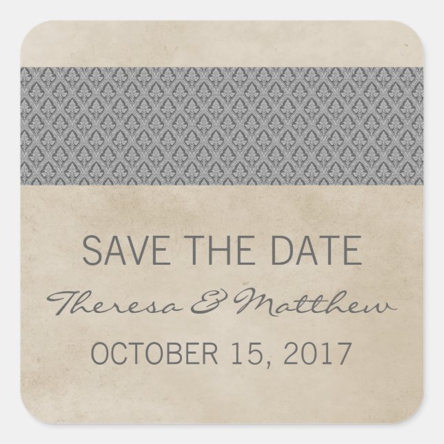 Grey Rustic Damask Save the Date Stickers (Front)