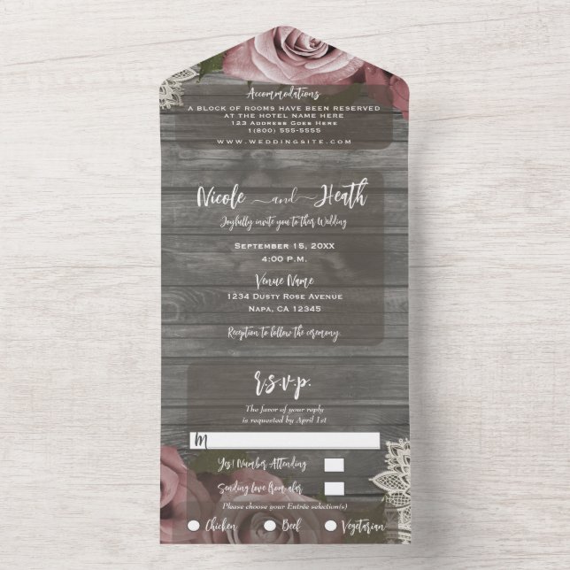 Grey Rustic Dusty Rose White Lace Wedding + RSVP  All In One Invitation (Inside)
