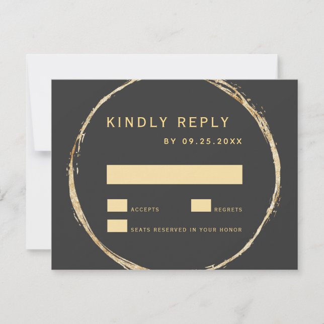 Grey Rustic Gold Circle Frame Ampersand Wedding RSVP Card (Front)