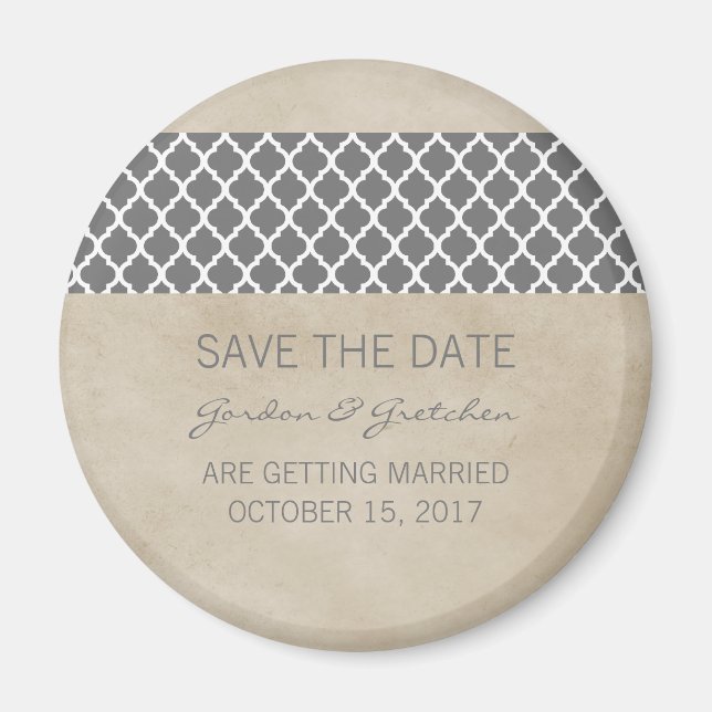 Grey Rustic Quatrefoil Save the Date Magnet (Front)