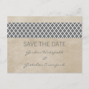 Grey Rustic Quatrefoil Save the Date Postcard
