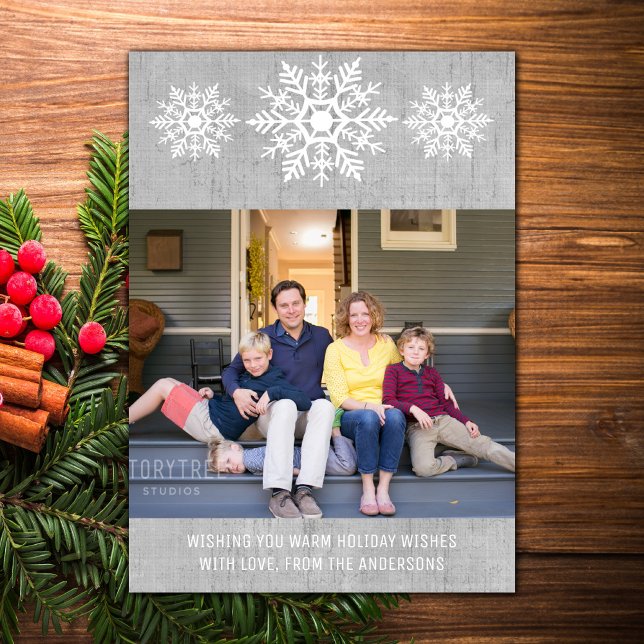 Grey Rustic Snowflake Holiday Photo Card (Gray Rustic Snowflake Holiday Photo Card)