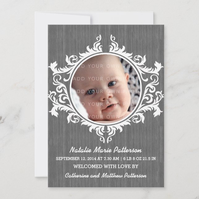 Grey Rustic Swirls Baby Announcement (Front)