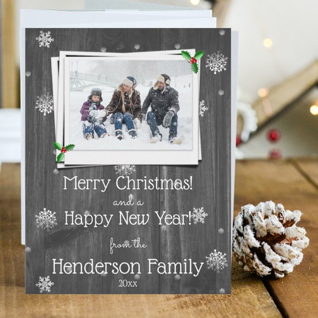 Grey Rustic Wooden Flat Holiday Photo Card (Gray Rustic Wooden Photo Christmas Card)