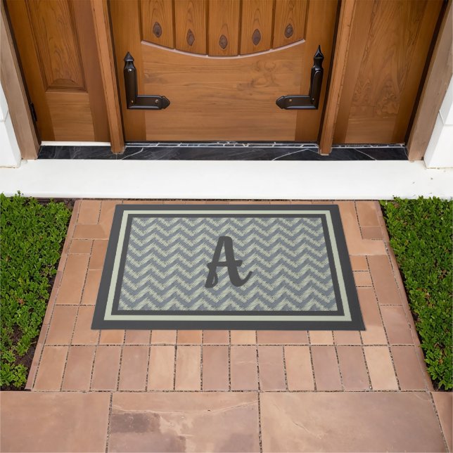Grey Sage Chevron Custom Monogram Design Doormat (Outdoor)